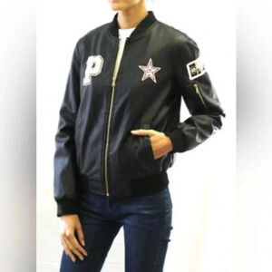 New Look Womens Patched Black Faux Leather Bomber Jacket Size XL